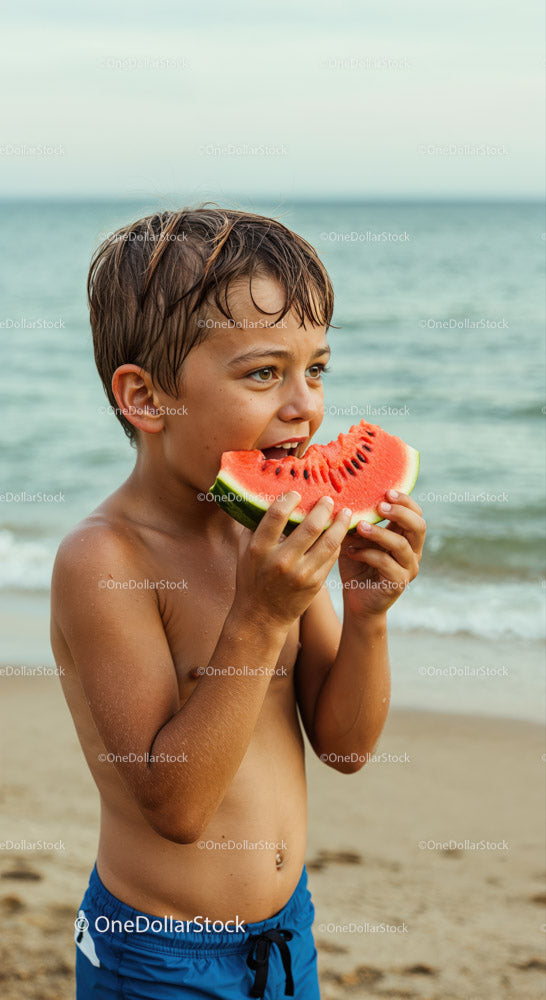 Boy enjoying large slice of watermelon at sunny beach