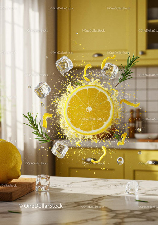 Fresh lemon slice with ice and rosemary in modern kitchen
