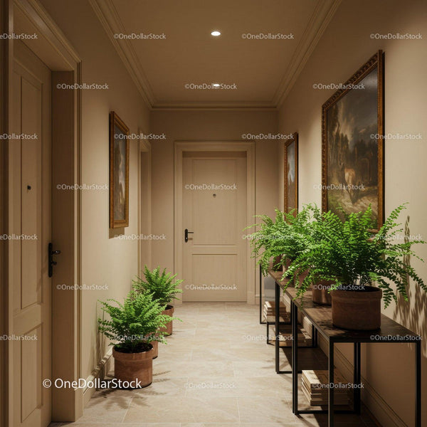 Elegant Indoor Greenery with Potted Ferns in Stylish Hallway