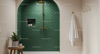 Minimalist bathroom shower with elegant green tile arch