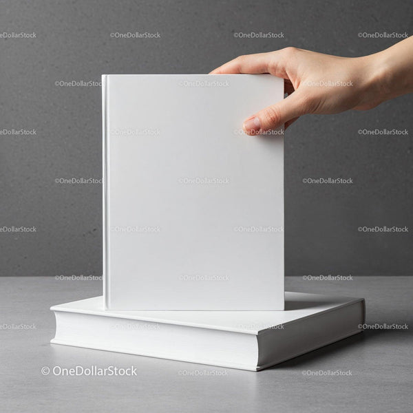 Hand Holding Blank White Book on Gray Surface JPG Mockup Image