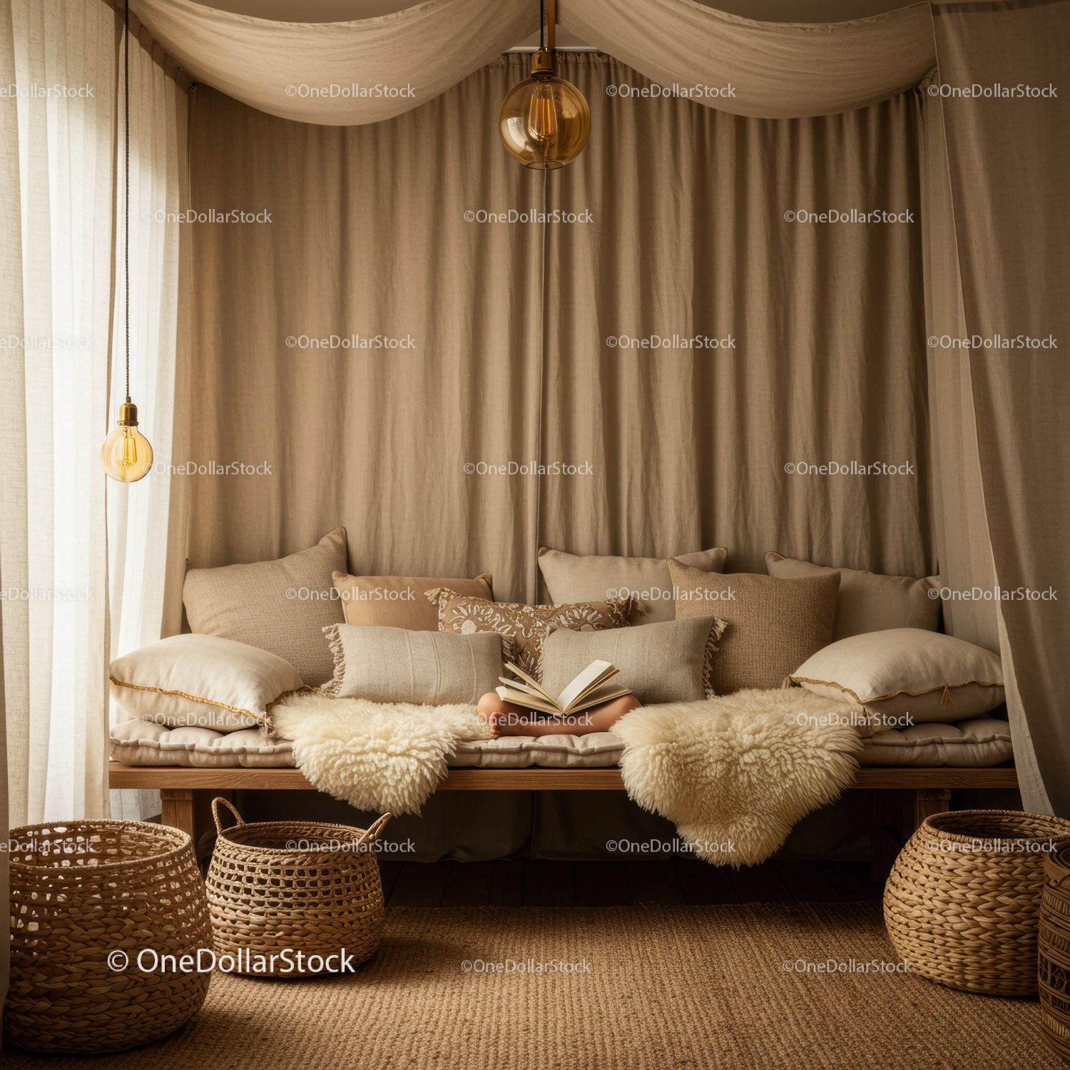 Cozy reading nook with neutral cushions and natural textures