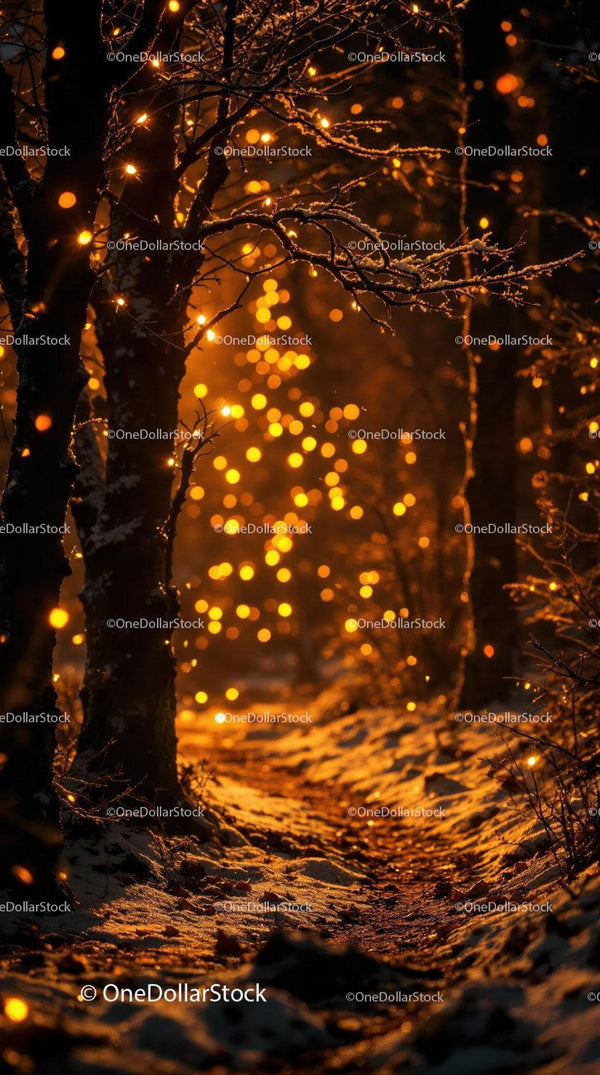 Winter forest path glowing with golden bokeh lights