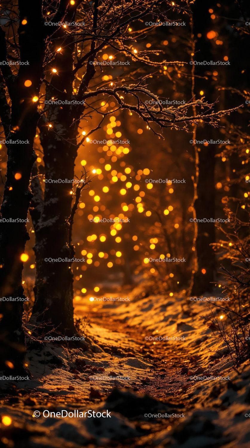 Winter forest path glowing with golden bokeh lights