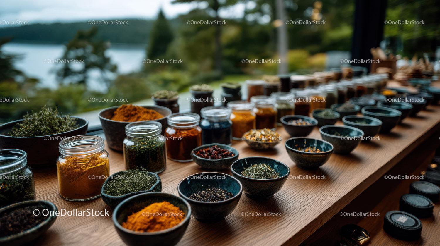 Colorful Array of Herbs and Spices in Glass Jars on Wooden Table