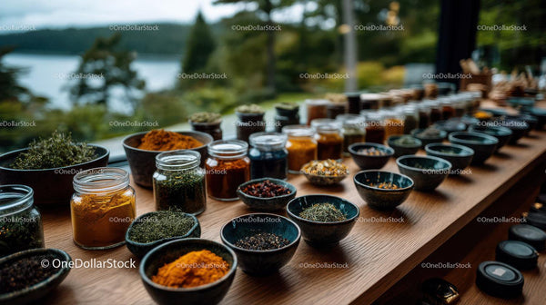 Colorful Array of Herbs and Spices in Glass Jars on Wooden Table
