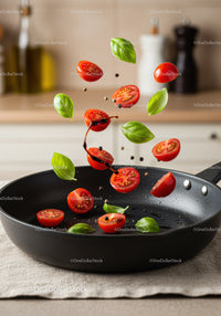 Fresh cherry tomatoes and basil leaves in frying pan