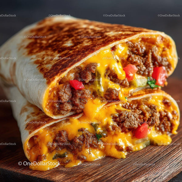 Cheesy Beef Burrito with Ground Beef Veggies and Melted Cheese