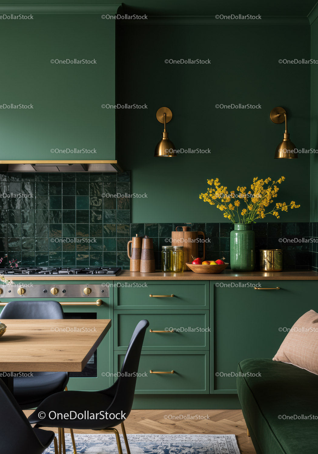 Stylish Green Kitchen with Brass Wall Lamps and Yellow Floral Decor