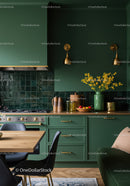 Stylish Green Kitchen with Brass Wall Lamps and Yellow Floral Decor