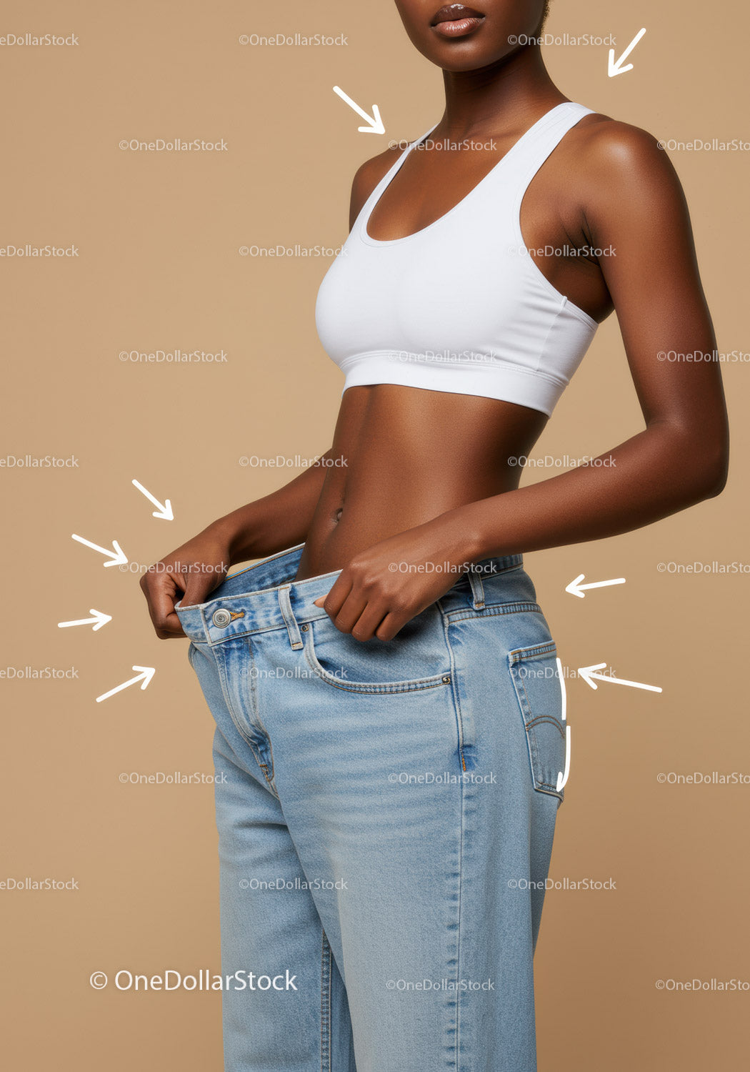Elegant Woman in White Sports Bra and Oversized Denim Jeans