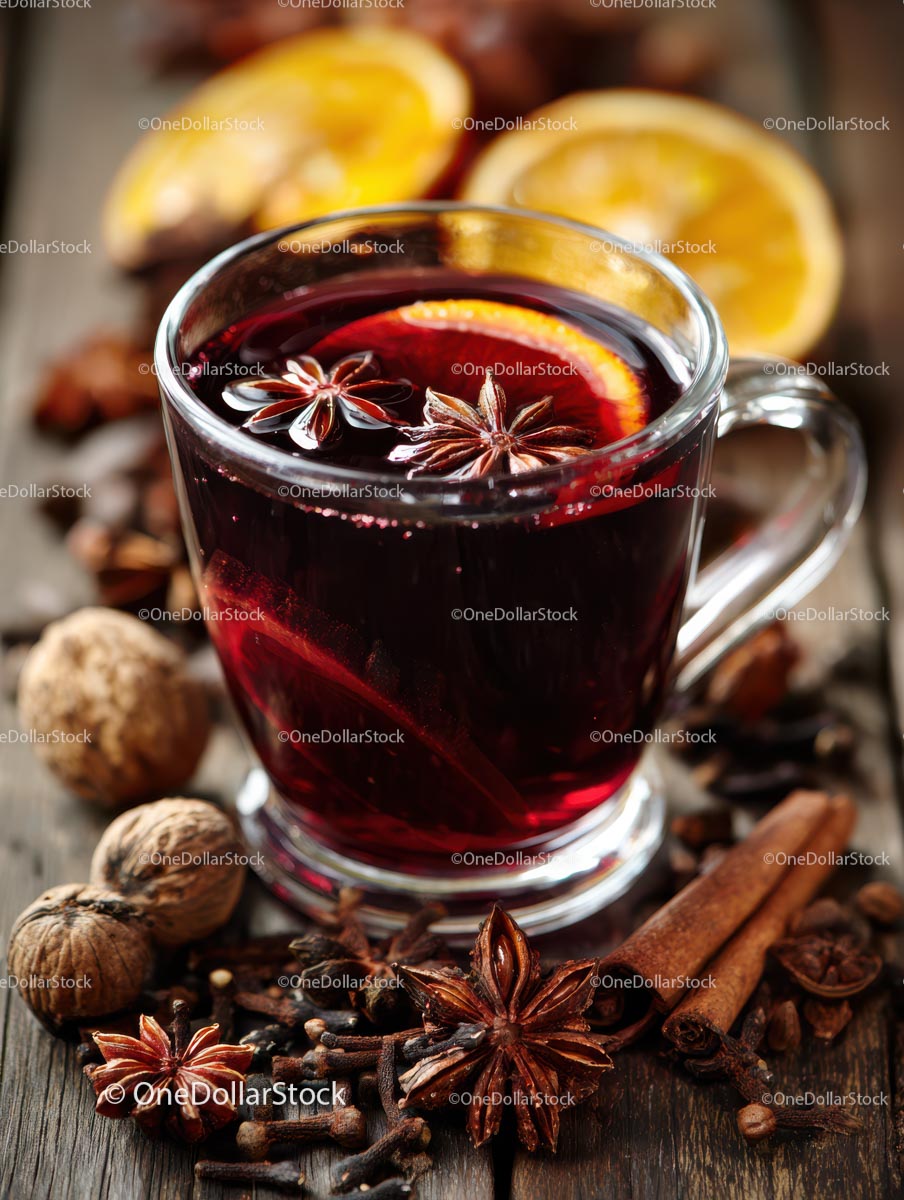Delicious Mulled Wine with Citrus and Spices in a Glass Mug