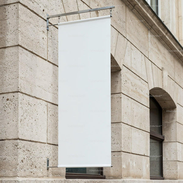 Blank Vertical Banner Hanging on Stone Building Façade JPG Mockup Image