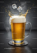 Refreshing beer mug with ice cubes splash