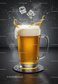 Refreshing beer mug with ice cubes splash