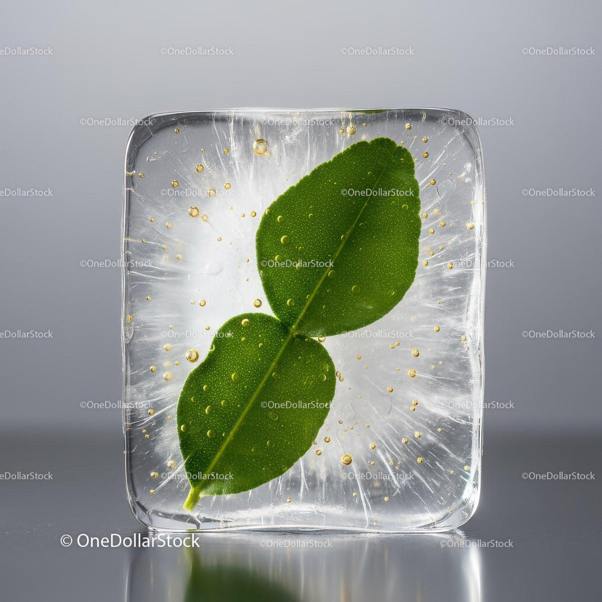 Fresh Green Leaves Encased in Clear Ice Cube