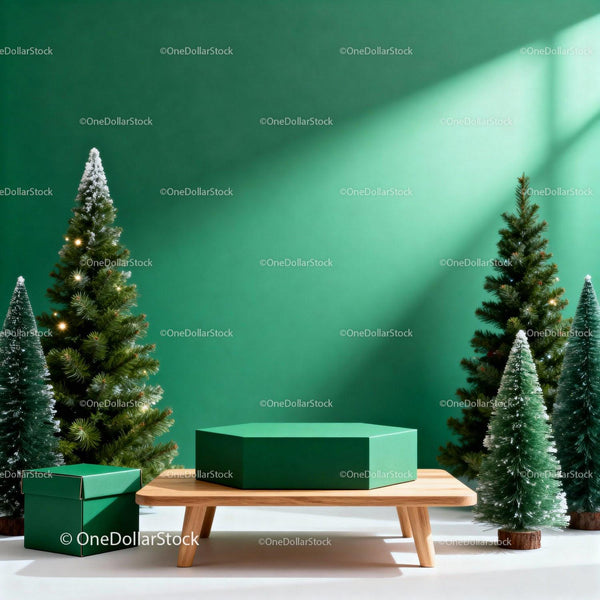 Minimalist Christmas Display with Gift Boxes and Pine Trees