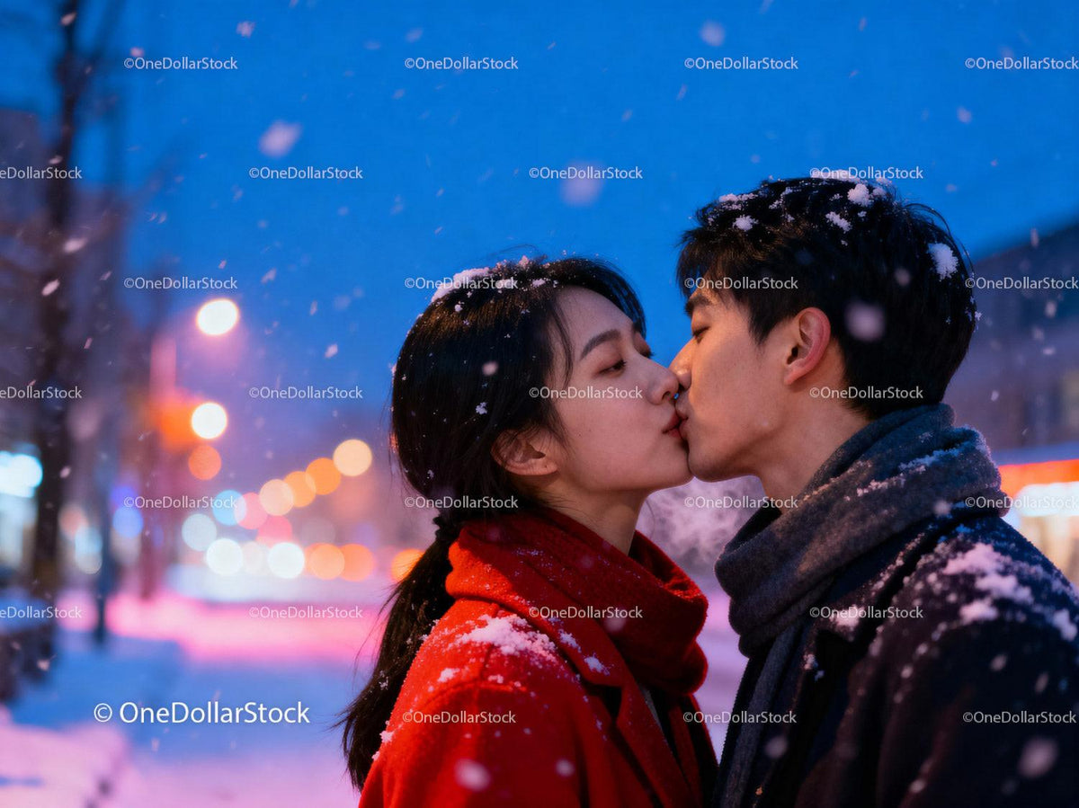 Couple sharing a tender kiss in snowy winter evening