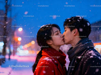 Couple sharing a tender kiss in snowy winter evening
