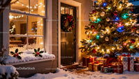 Cozy holiday porch with decorated Christmas tree and gifts