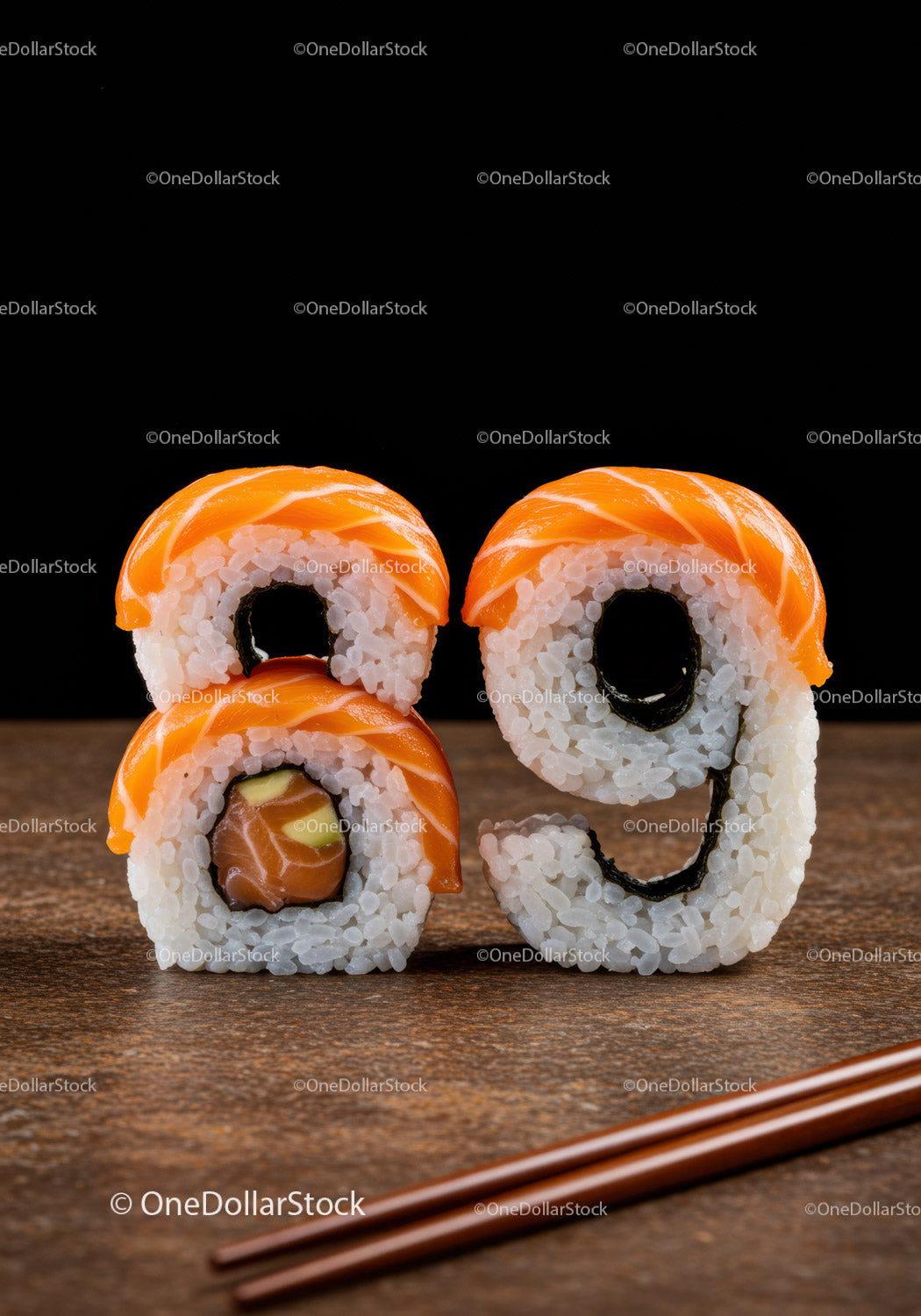 Creative sushi rolls shaped as numbers eight and nine