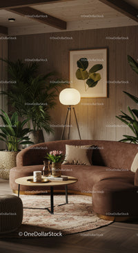 Cozy brown curved sofa in warm modern living room