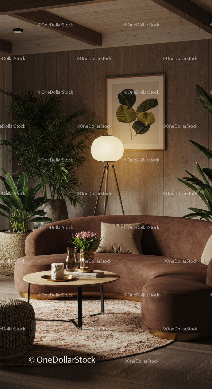 Przytulna, brązowa, wygięta sofa w ciepłym, nowoczesnym salonie