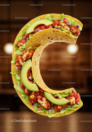 Delicious taco shaped like the letter C with fresh toppings