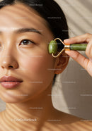Close-up of Woman Using Jade Roller for Facial Massage and Skin Care