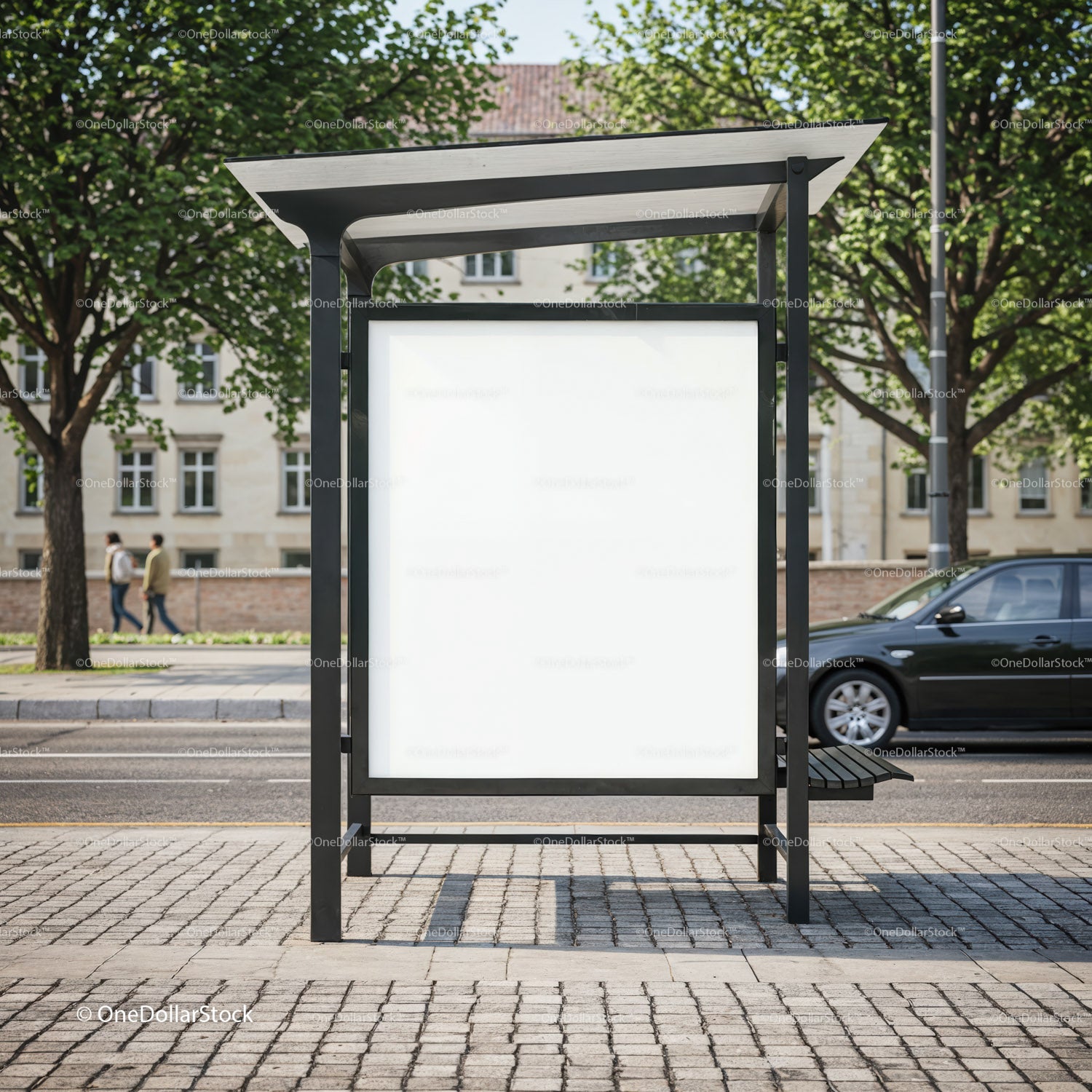 Empty city bus stop advertising billboard on street