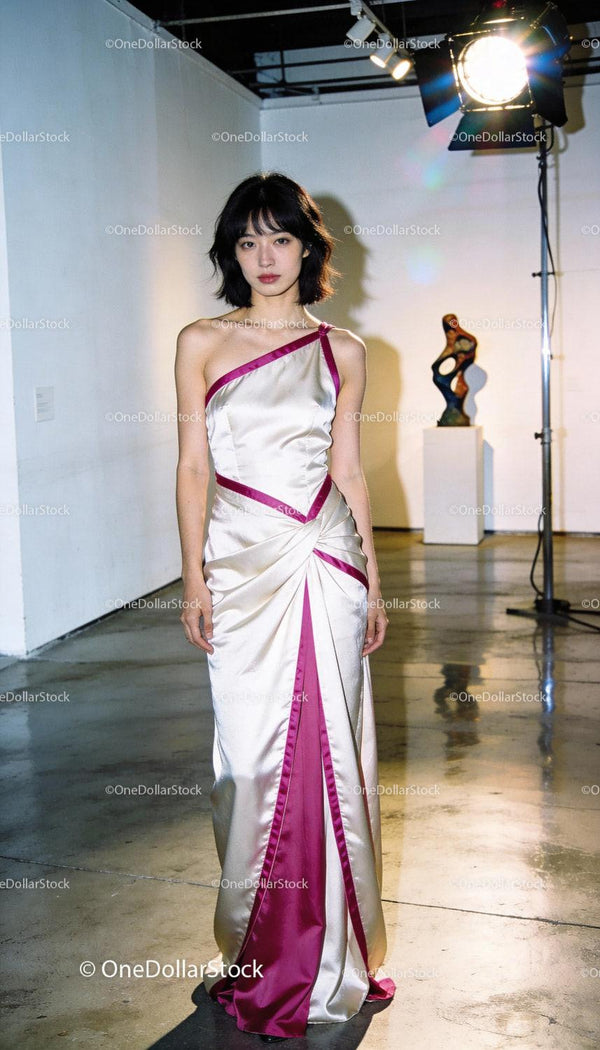 Elegant model posing in satin one-shoulder evening gown