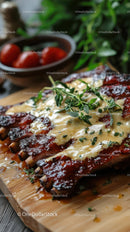 Juicy Barbecue Ribs with Herb Garnish on Wooden Board