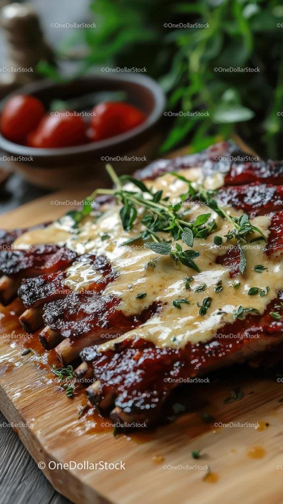 Juicy Barbecue Ribs with Herb Garnish on Wooden Board