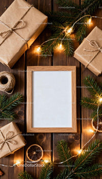 Festive Blank Frame with Wrapped Gifts and Pine Branches JPG Mockup Image preview