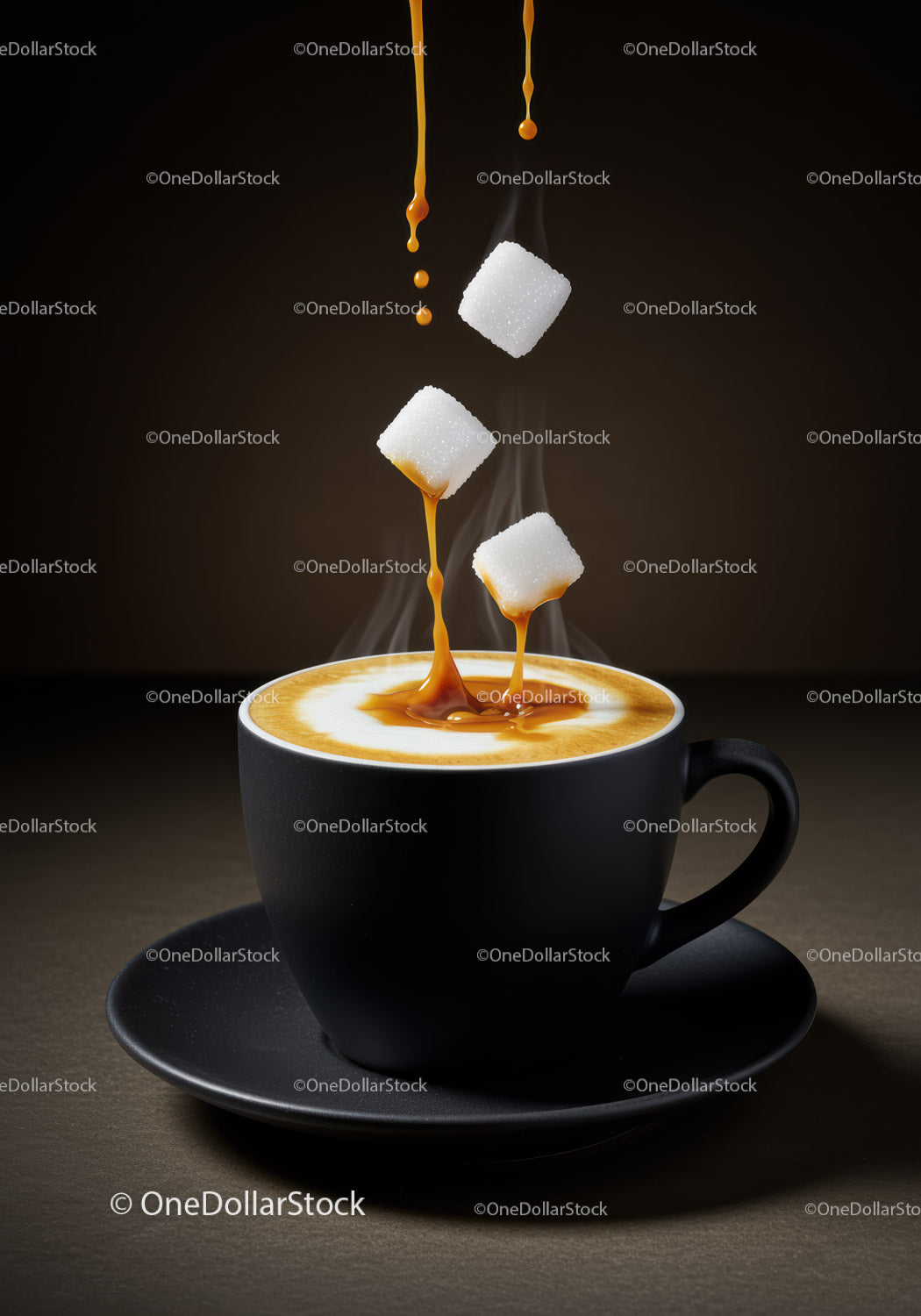 Sugar Cubes Falling into Steaming Coffee Cup