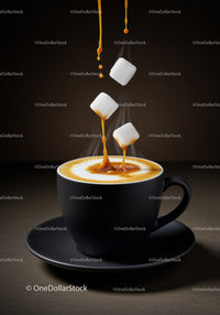 Sugar Cubes Falling into Steaming Coffee Cup