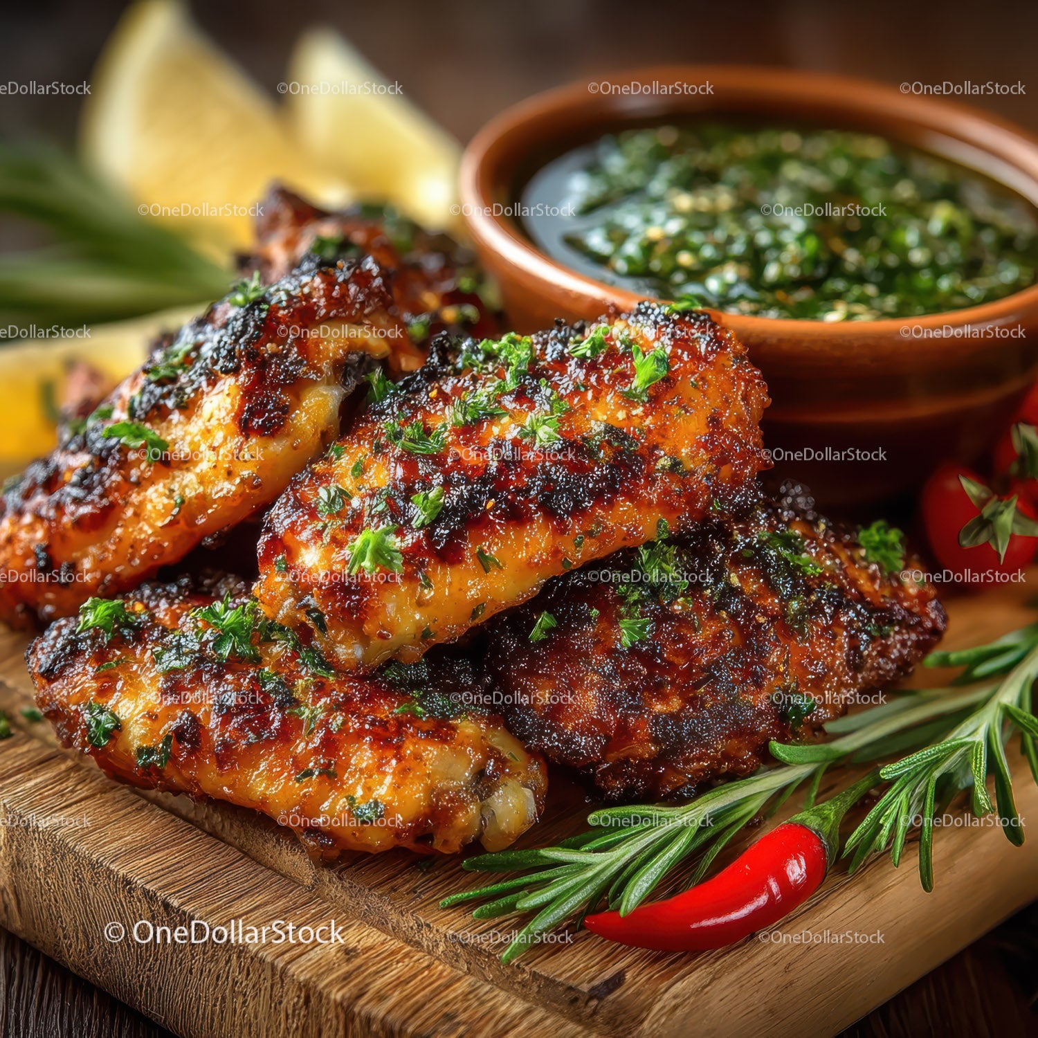 Juicy Grilled Chicken Wings with Spicy Herb Marinade and Lemon