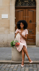 Smiling woman with groceries sitting outside wooden door