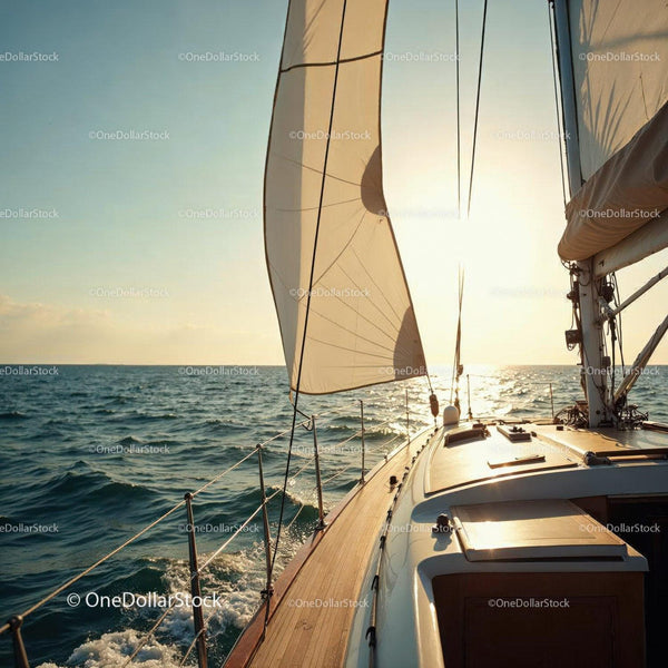 Sailboat on Calm Ocean During Sunset with Bright Sails