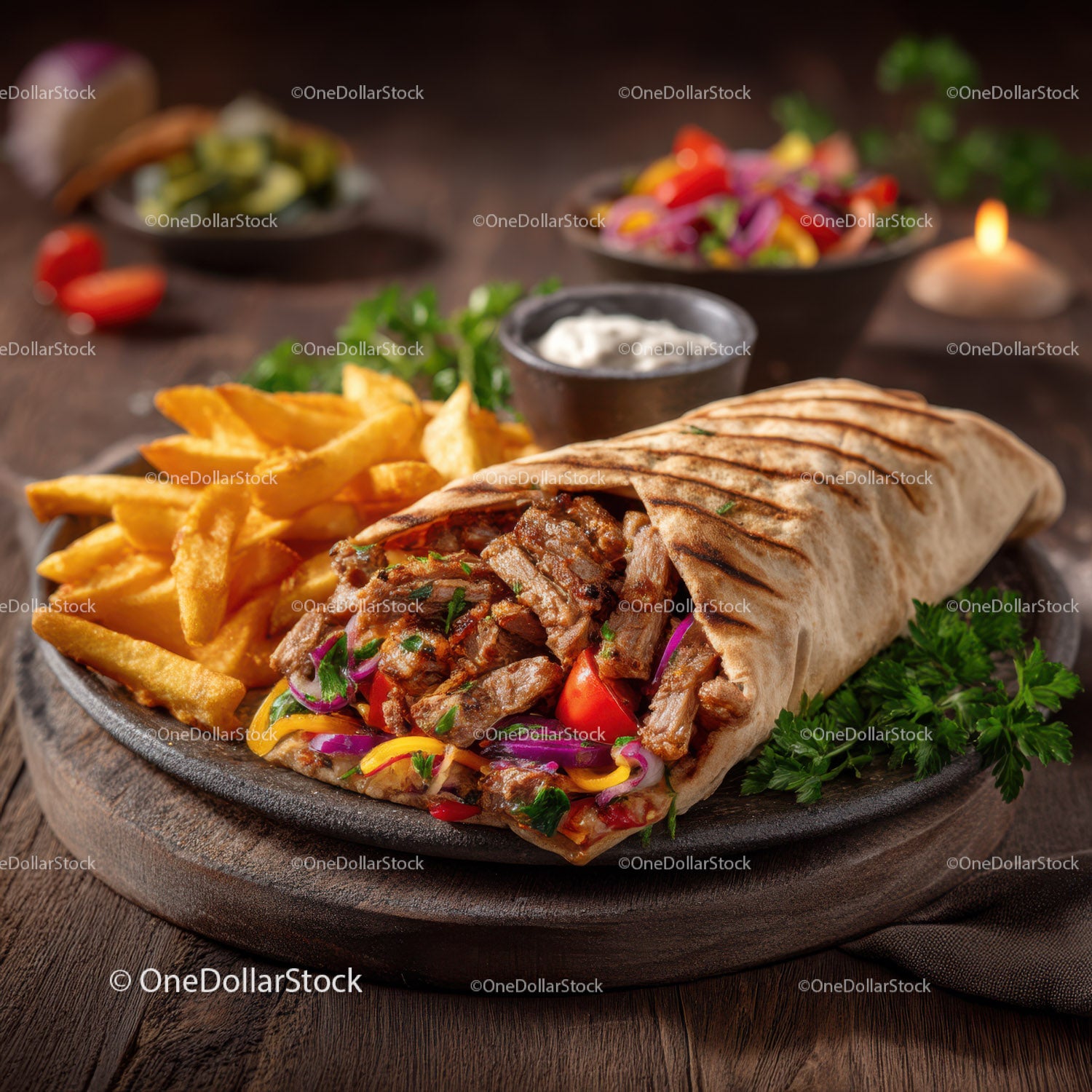 Beef Shawarma Wrap with French Fries and Fresh Salad On Wooden Table