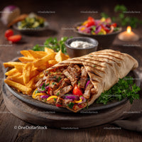 Beef Shawarma Wrap with French Fries and Fresh Salad On Wooden Table