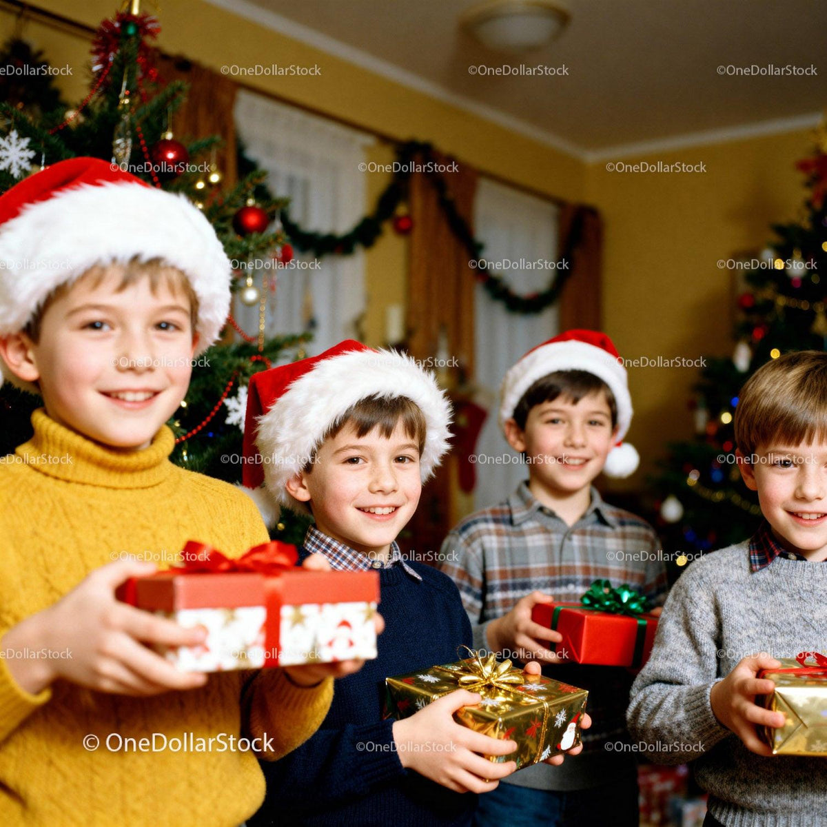 Smiling children in Santa hats holding Christmas gifts