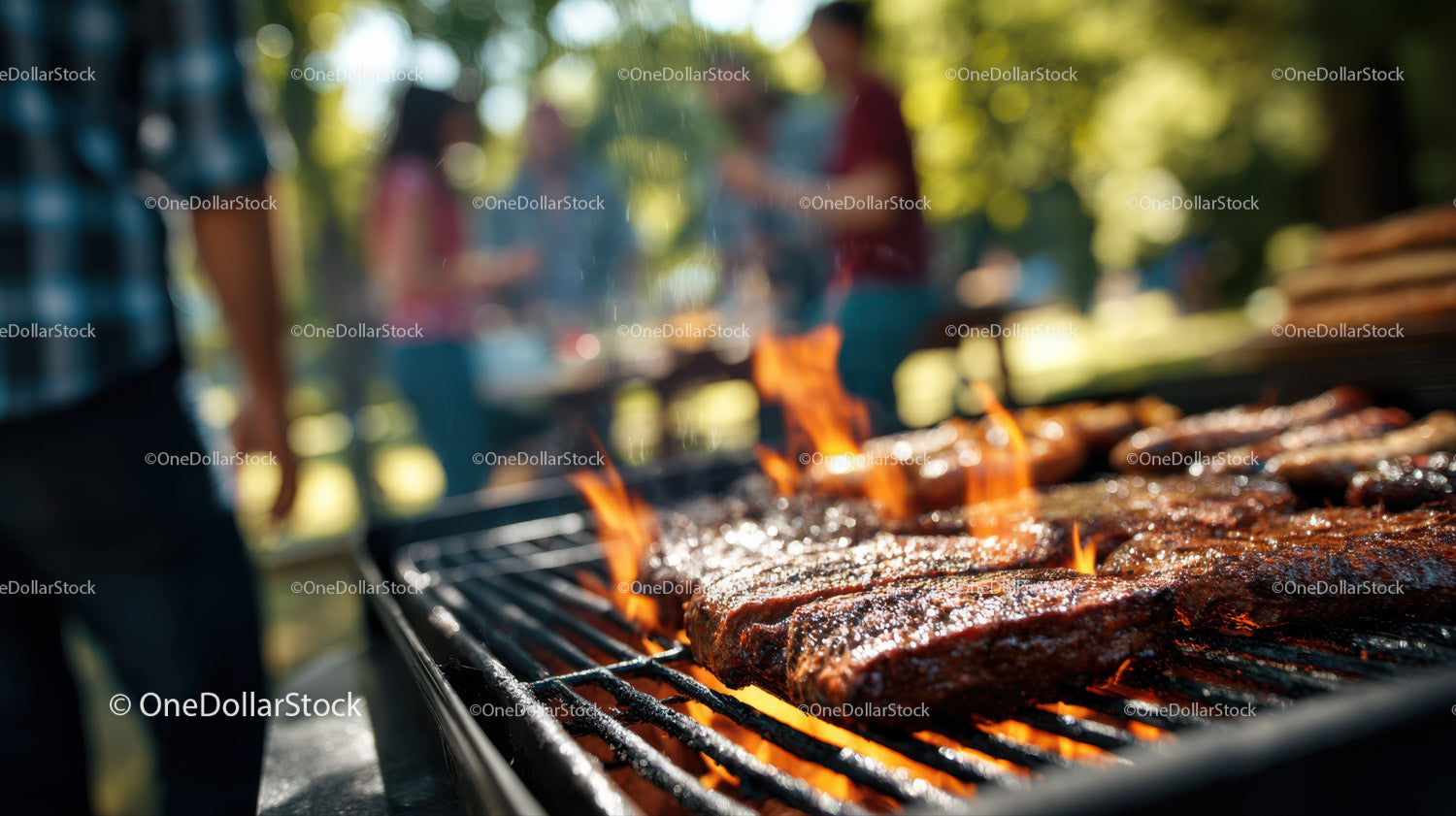Outdoor Barbecue Grill with Sizzling Meat and Flames