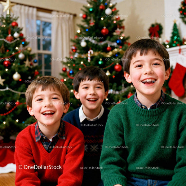 Three Happy Boys Enjoying Christmas Morning Together
