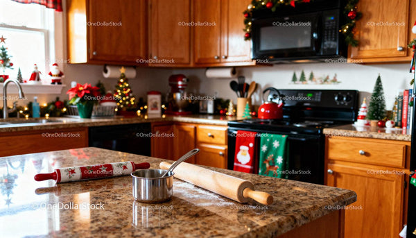 Cozy Christmas decorated kitchen with baking essentials