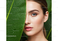 Fresh Young Woman with Dew Covered Green Leaf in Natural Setting