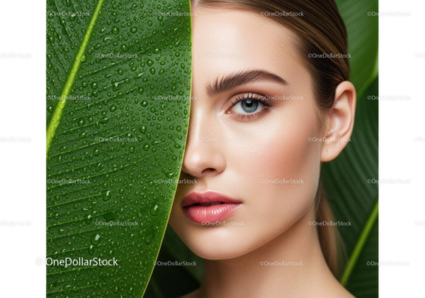 Fresh Young Woman with Dew Covered Green Leaf in Natural Setting