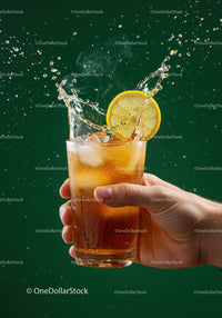Refreshing iced tea with lemon splash in hand