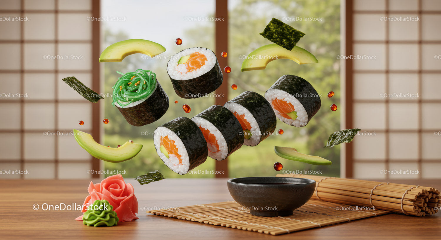 Flying sushi rolls with avocado and seaweed in Japanese setting
