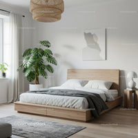 Modern Bedroom with Wooden Bed Frame and Green Monstera Plant